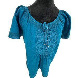St Johns Bay Y2K Peasant Top Womens Embroidered Size M Vintage Milkmaid Lace Up